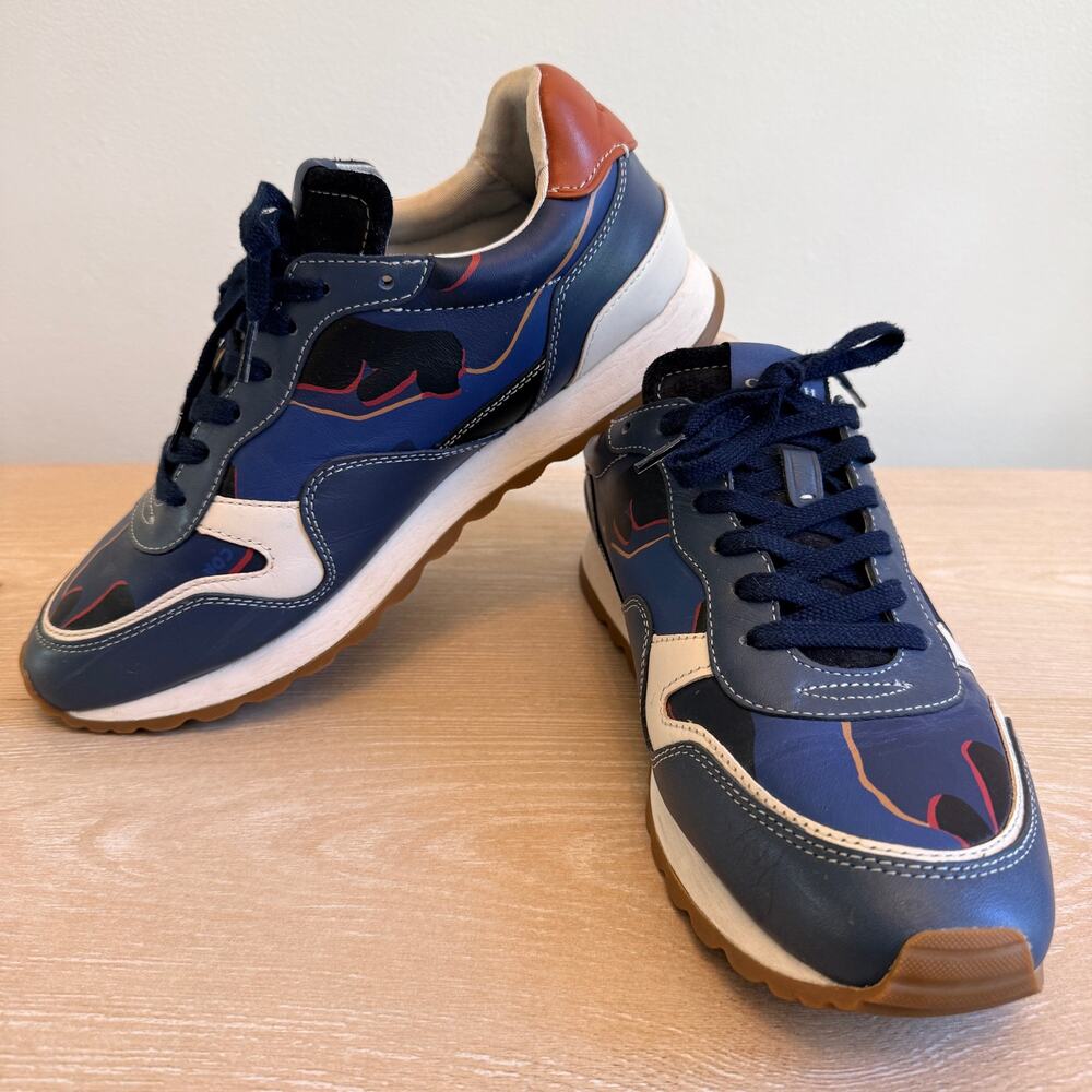 Coach C142 Mens Runner Sneaker Blue Camo Leather Low Top Shoes Size 9.5 D